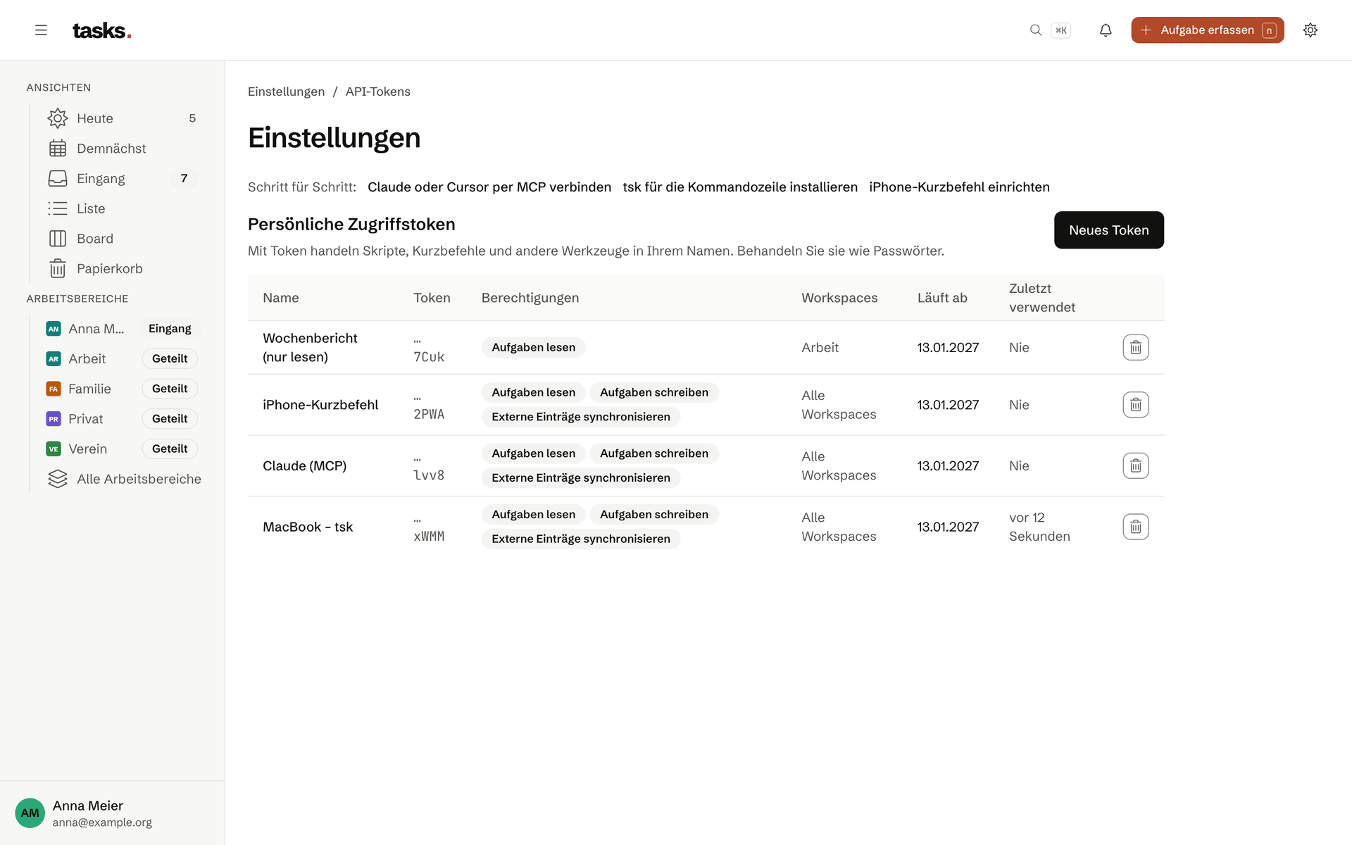 Die Seite API-Tokens in den Einstellungen mit einem Token nur zum Lesen für einen Arbeitsbereich; von jedem Token sind nur die letzten vier Zeichen zu sehen.