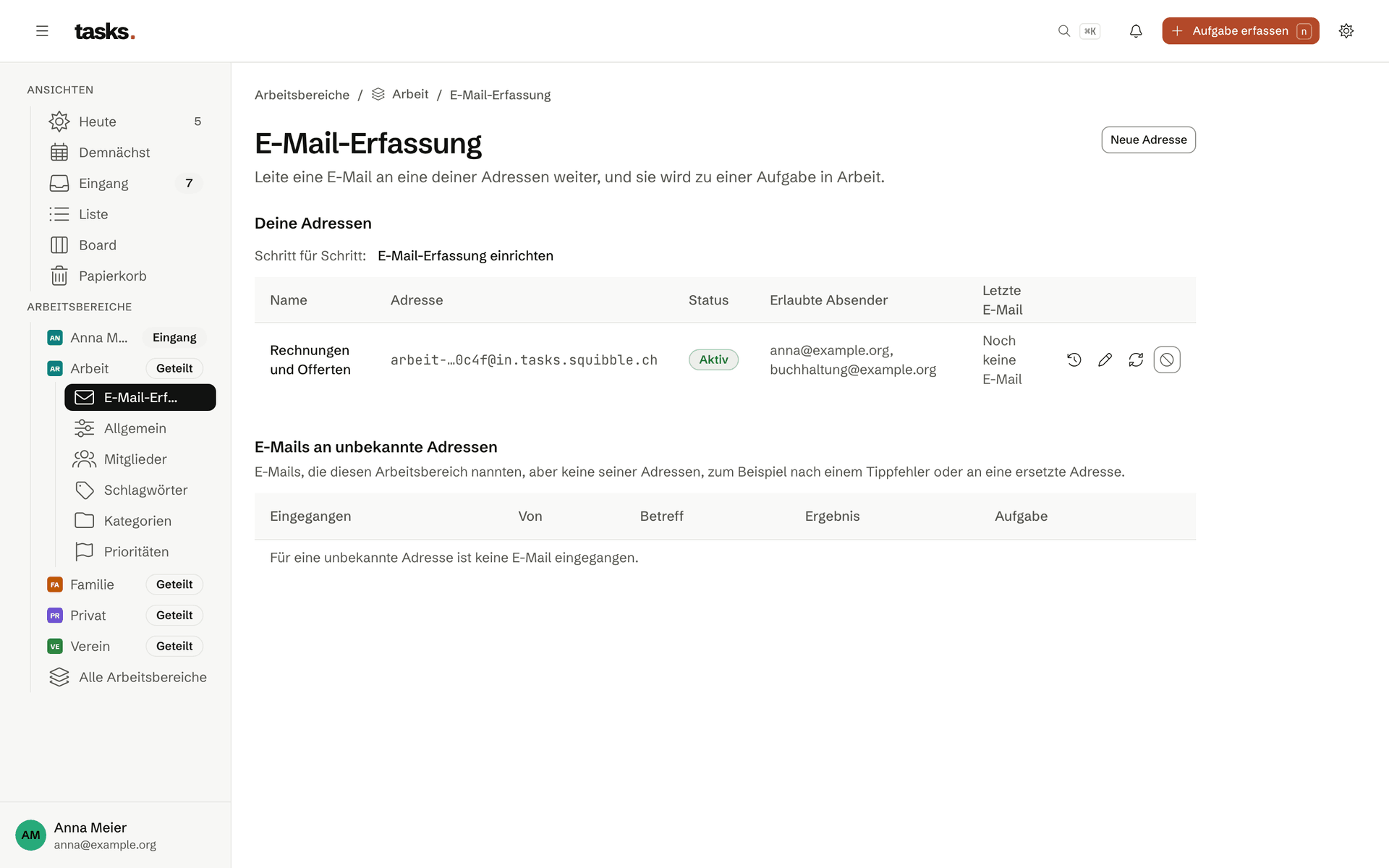 Die E-Mail-Erfassung eines Arbeitsbereichs mit der persönlichen Adresse und den erlaubten Absendern.