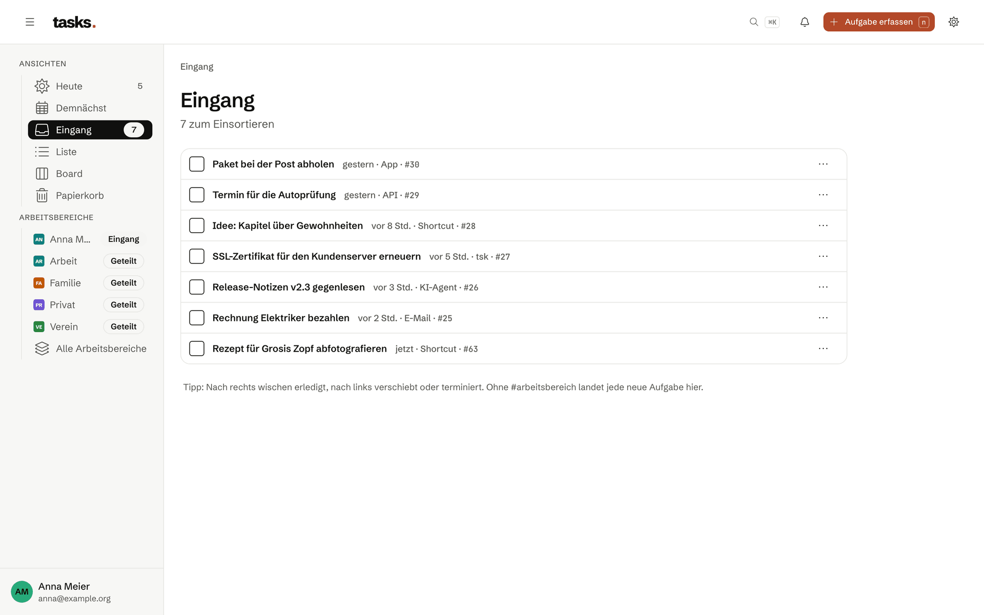 Der Eingang mit der Aufgabe, die der iPhone-Kurzbefehl eben erfasst hat, als Herkunft «Shortcut».