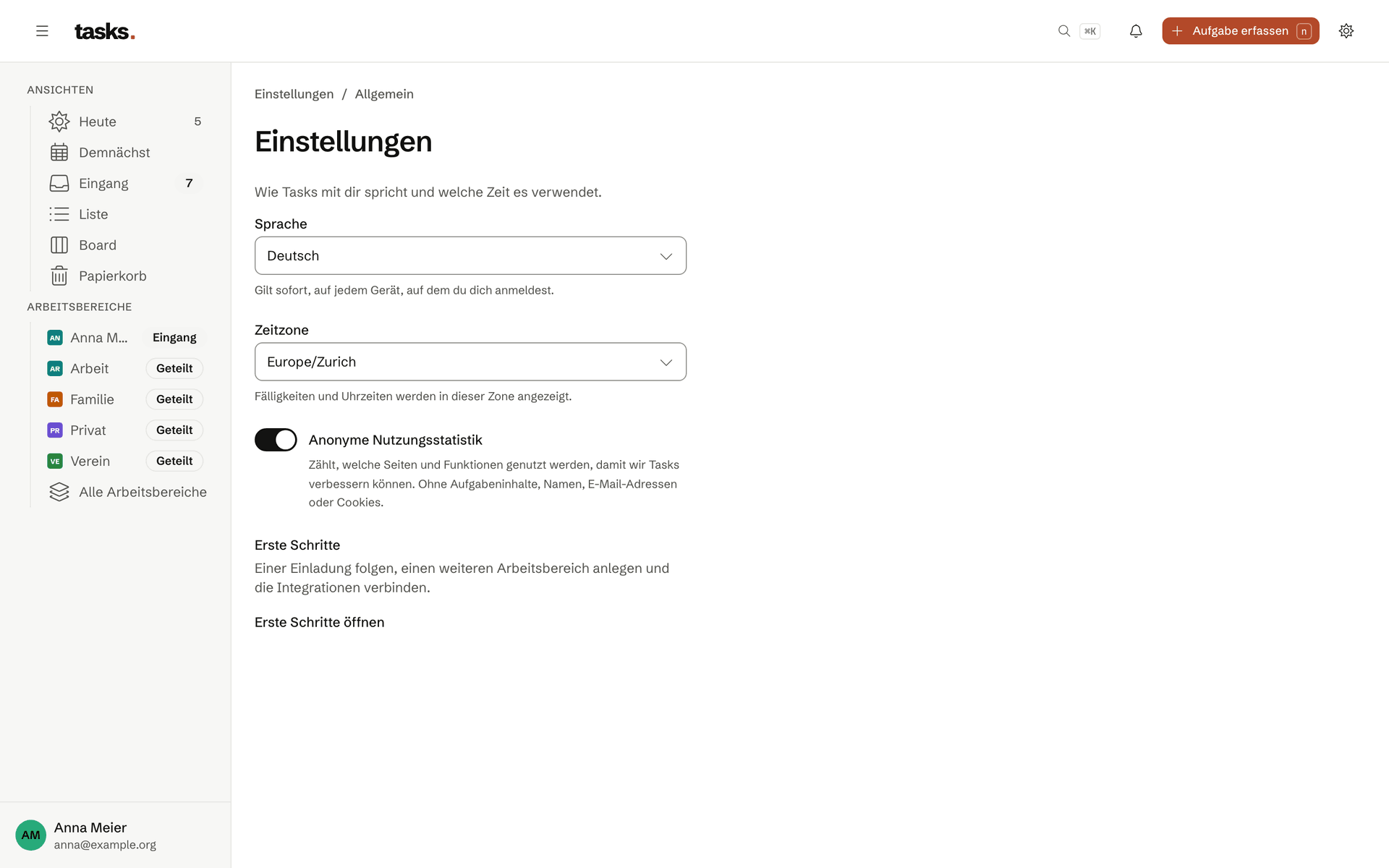 Die Einstellungen mit Sprache, Zeitzone und dem Schalter für die anonyme Nutzungsstatistik.