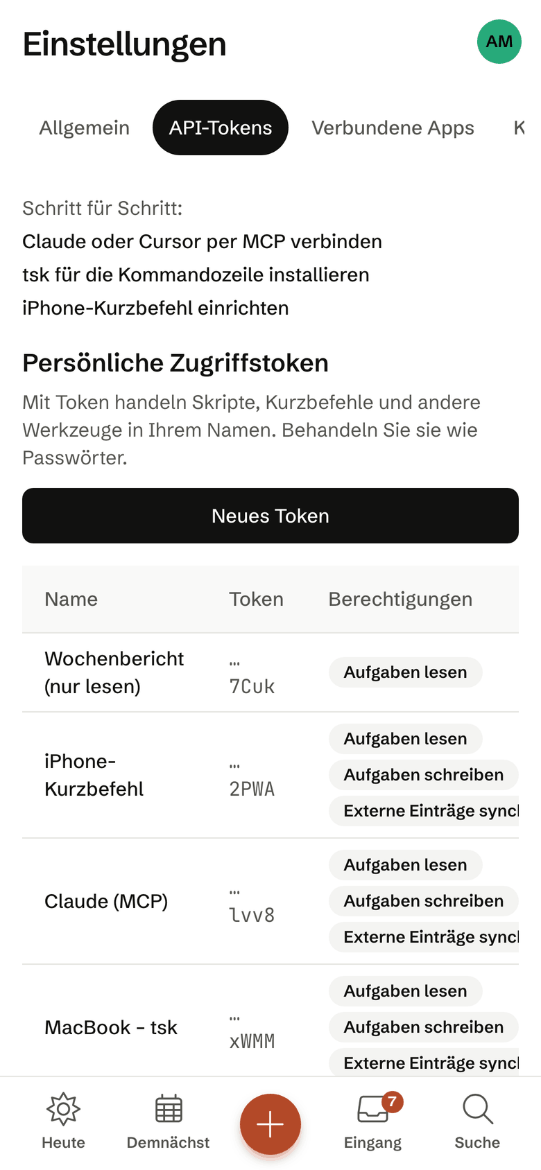Die Seite API-Tokens auf dem iPhone; von jedem Token sind nur die letzten vier Zeichen zu sehen.
