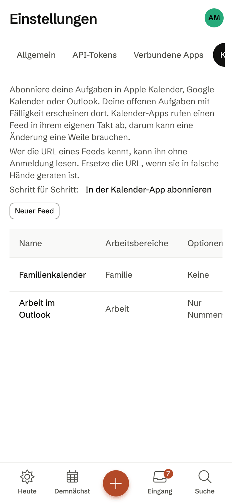 Die Kalender-Feeds auf dem iPhone mit je einem Abo für Arbeit und Familie.
