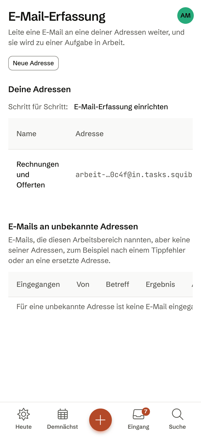 Die E-Mail-Erfassung eines Arbeitsbereichs auf dem iPhone mit der persönlichen Adresse.
