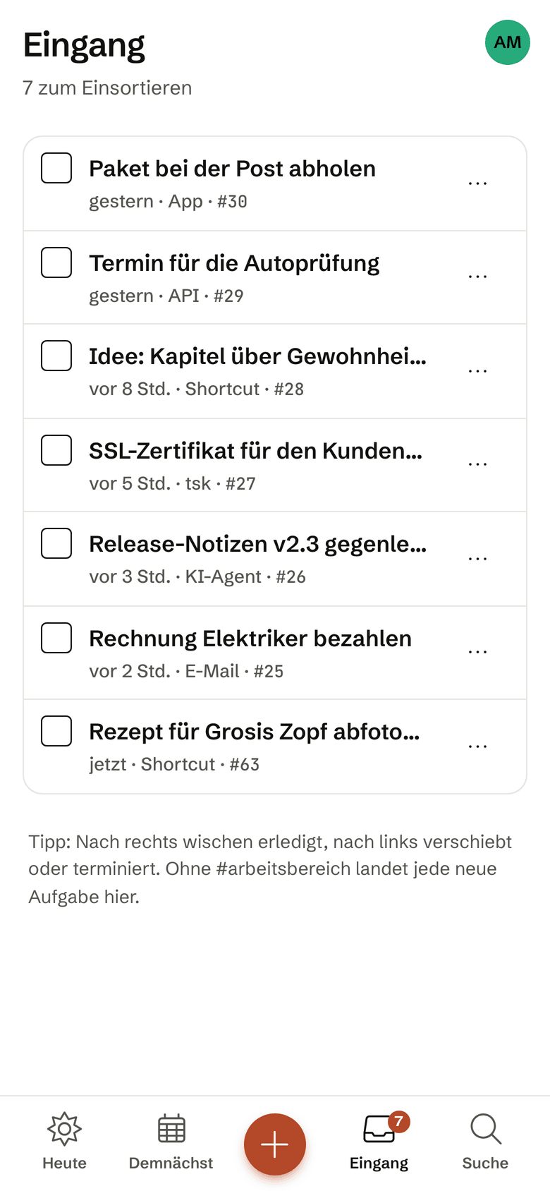 Der Eingang auf dem iPhone mit der Aufgabe, die der Kurzbefehl eben erfasst hat, als Herkunft «Shortcut».