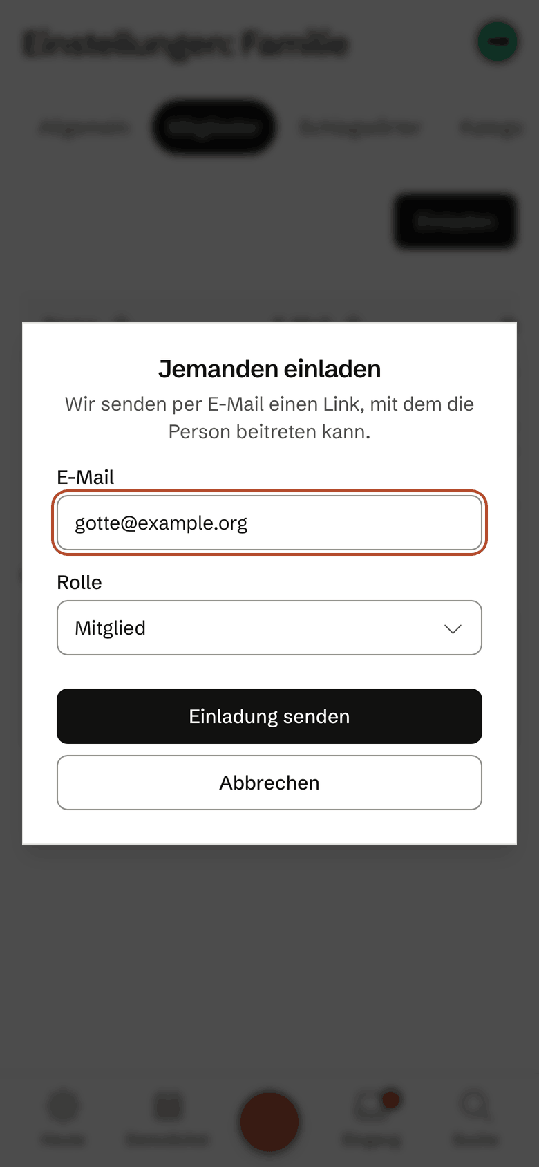 Die Einladung in den Familienbereich auf dem iPhone, bereit zum Senden.