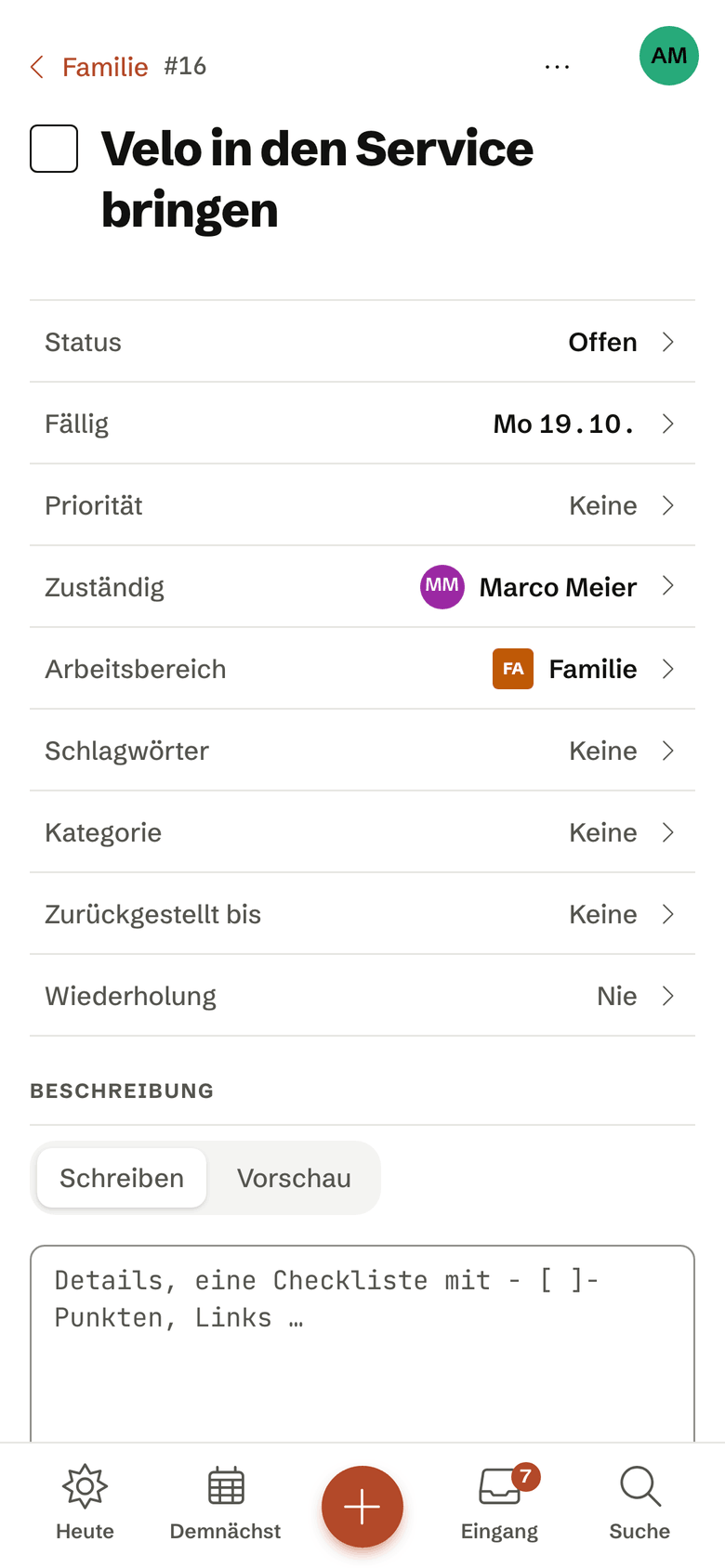 Eine Aufgabe im Familienbereich auf dem iPhone mit Zuständigem und Fälligkeit.