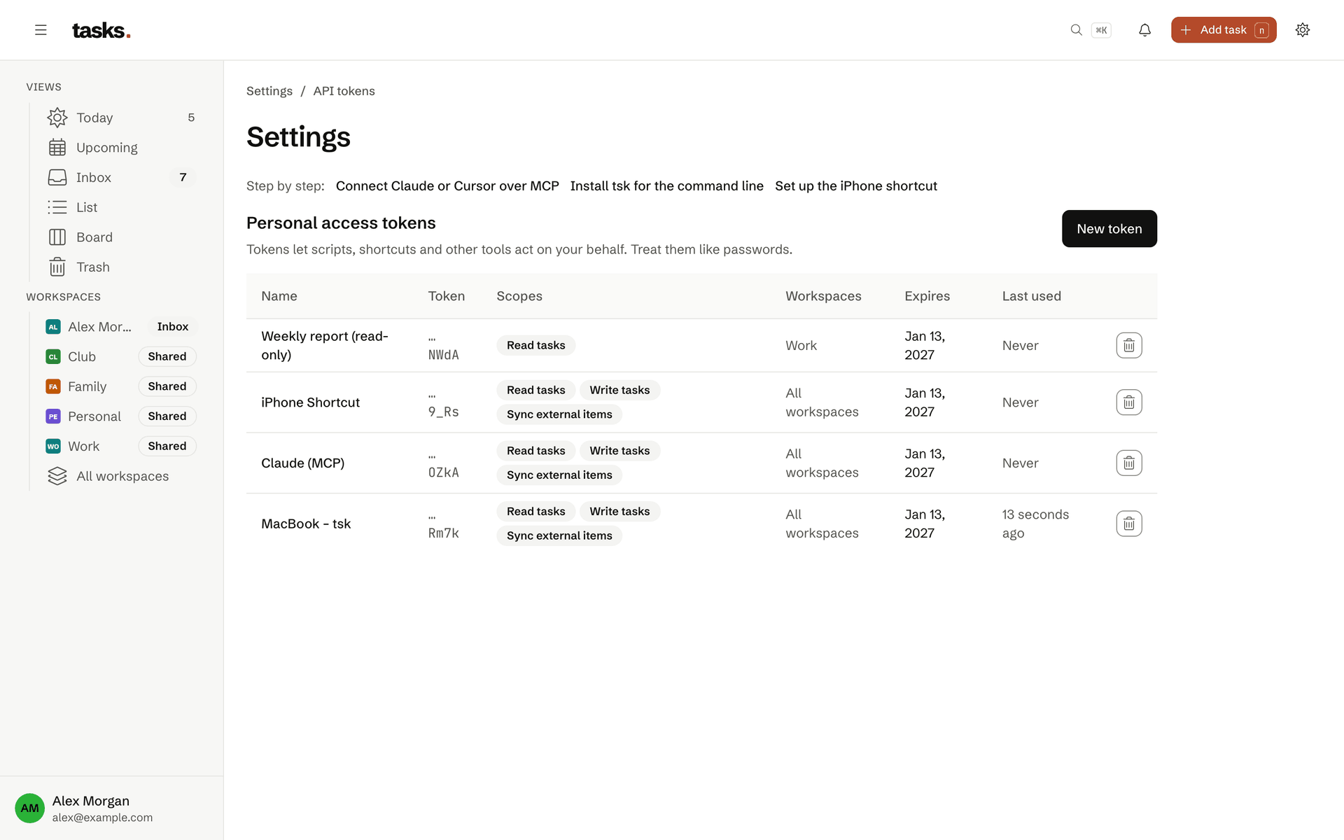 The API tokens page in the settings with a read-only token for one workspace; only the last four characters of each token show.