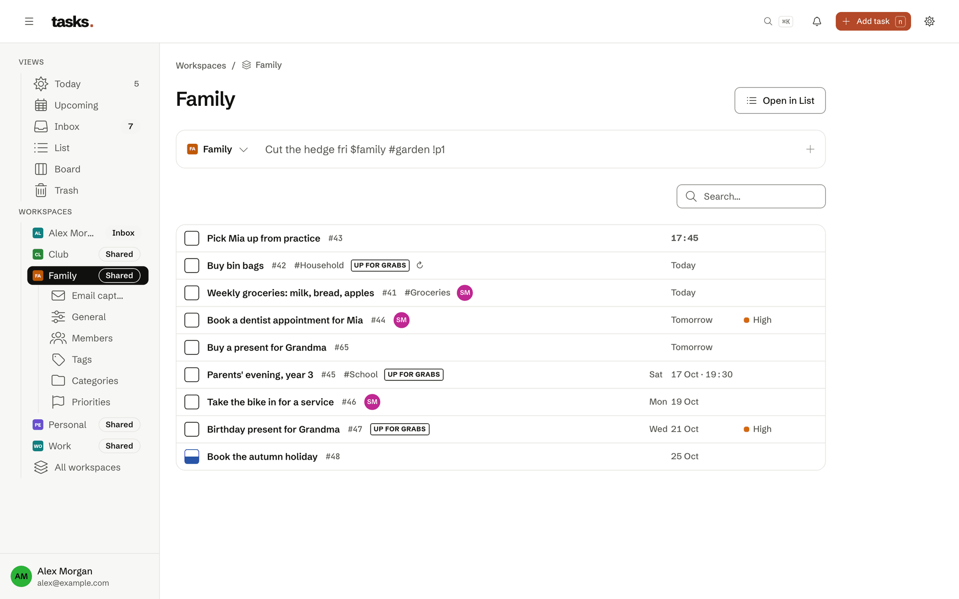 The family workspace's tasks: some for Sam, others up for grabs.