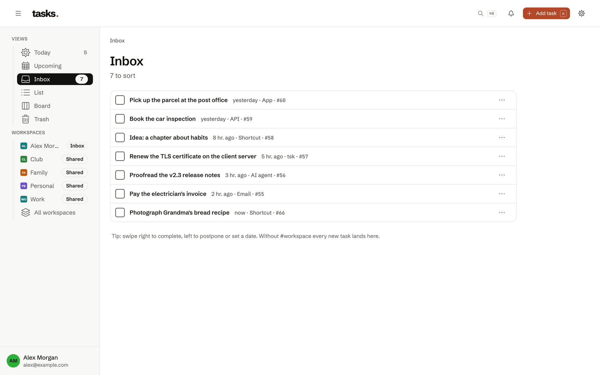 The Inbox with the task the iPhone Shortcut just added, its source shown as "Shortcut".