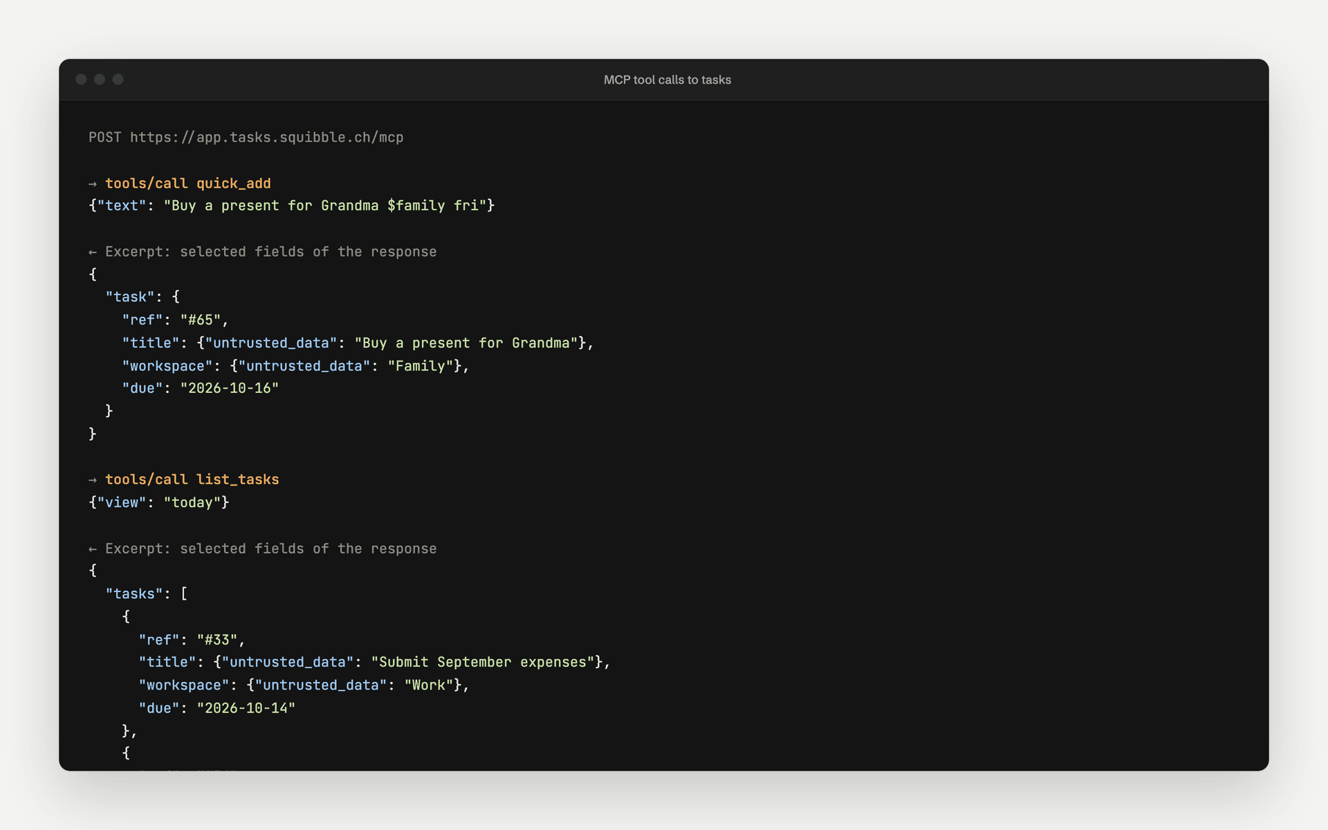 Two MCP calls to tasks as an AI assistant such as Claude sends them: quick_add adds a task and returns its number, list_tasks returns what is due today.
