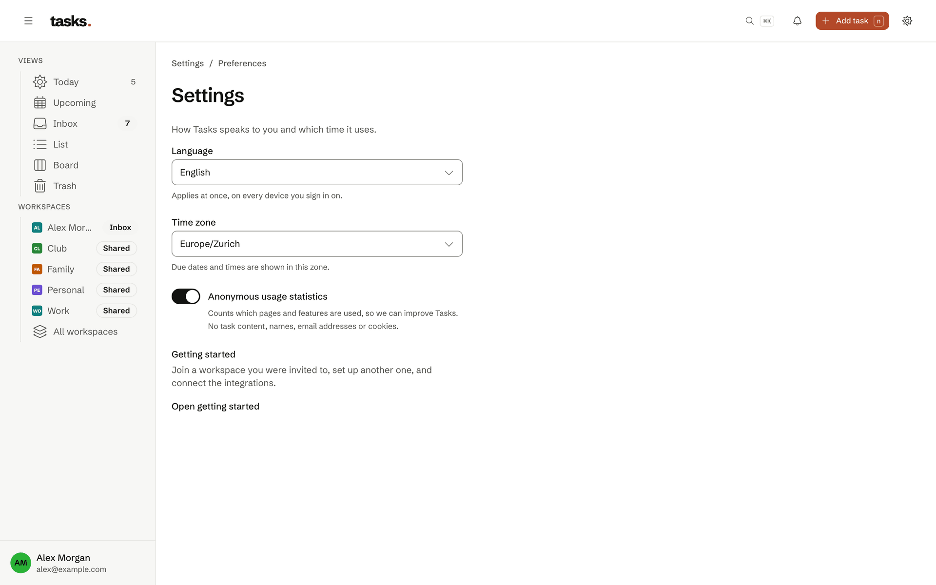 The settings with language, time zone and the switch for anonymous usage statistics.