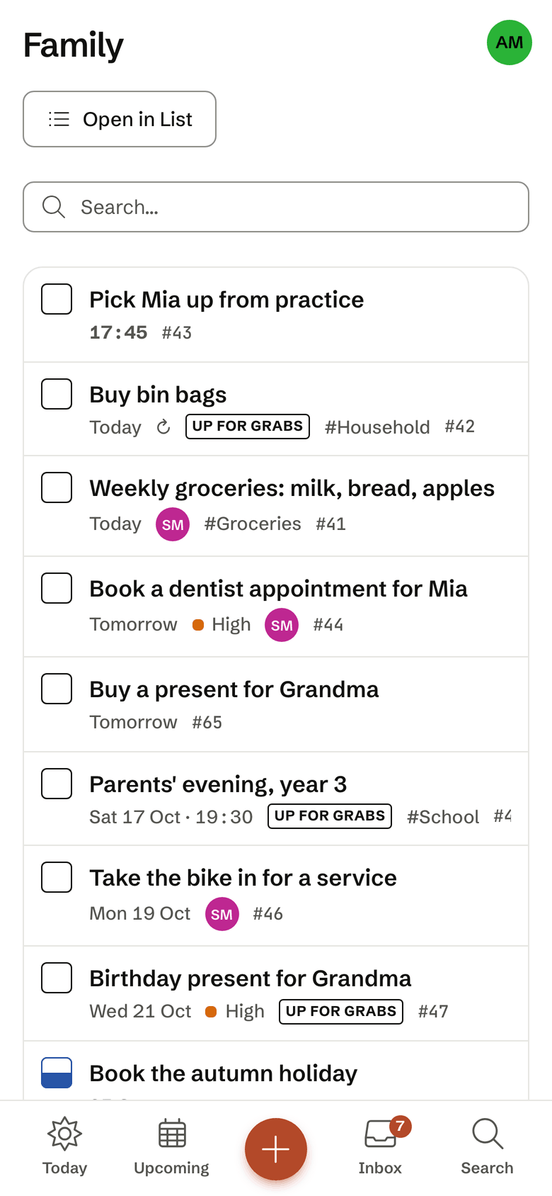 The family workspace's task list on the iPhone with tasks up for grabs.