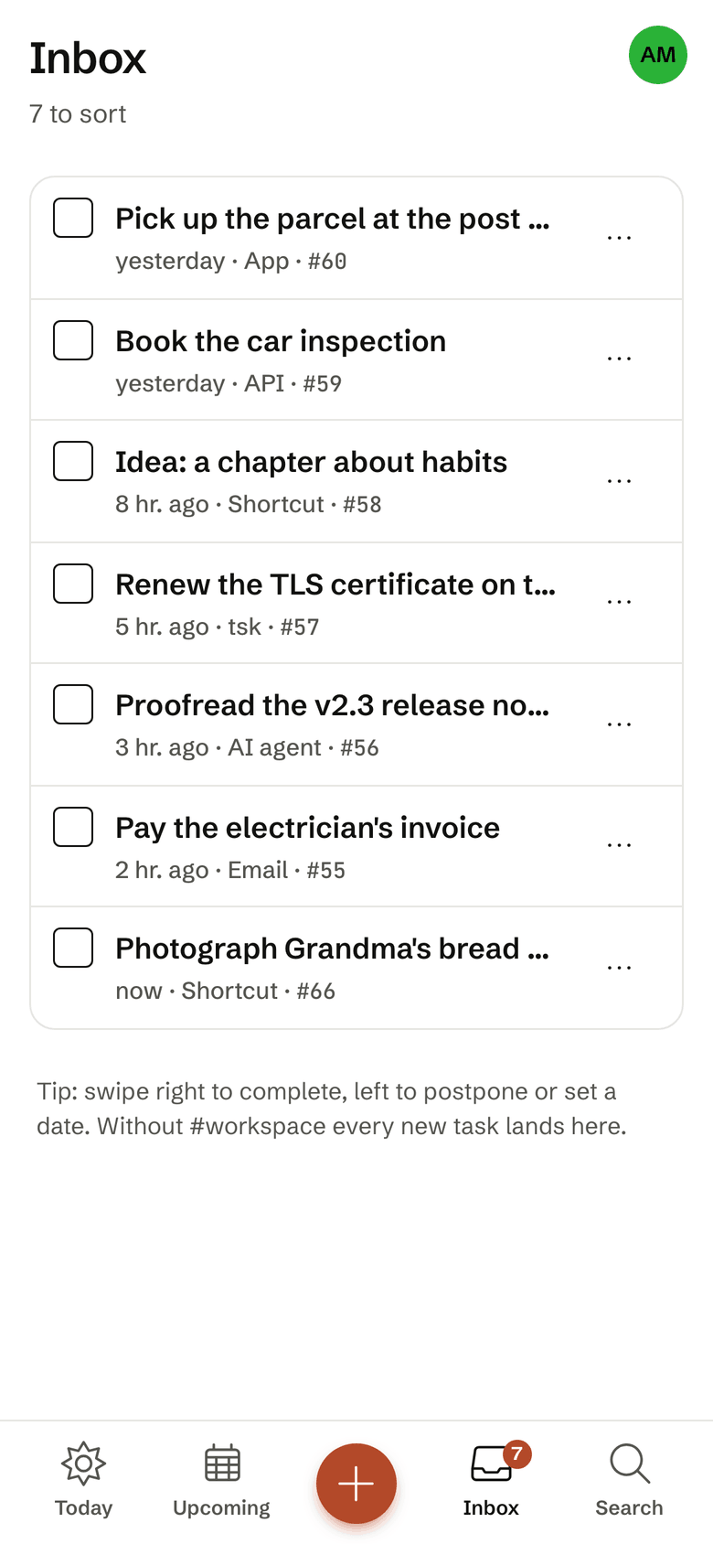 The Inbox on the iPhone with the task the Shortcut just added, its source shown as "Shortcut".