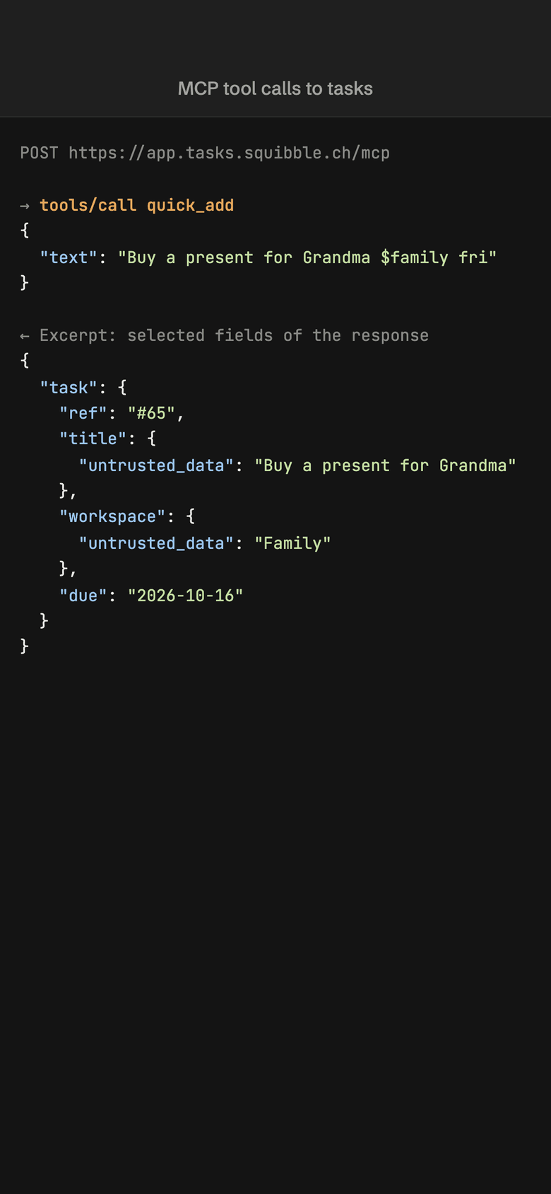 An MCP call to tasks: quick_add adds a task and returns its number.